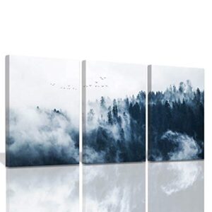 Indigo Misty Forests Wall Pictures for Bedroom Modern 3 Pieces Canvas Wall Art Mountain Forest in Fog Navy Blue Wall Decorations Minimalist Canvas Art Evergreen Coniferous Trees Gallery Wrapped