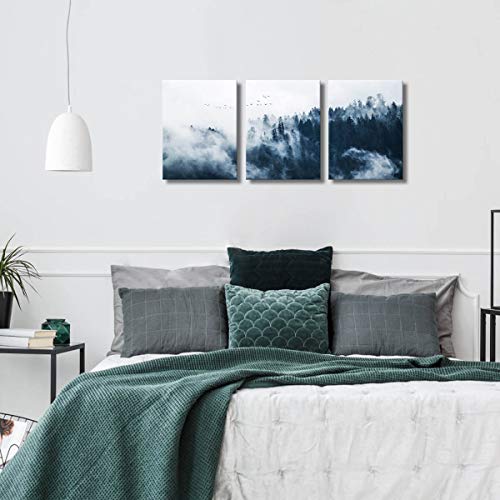 Indigo Misty Forests Wall Pictures for Bedroom Modern 3 Pieces Canvas Wall Art Mountain Forest in Fog Navy Blue Wall Decorations Minimalist Canvas Art Evergreen Coniferous Trees Gallery Wrapped