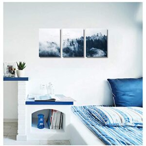 Indigo Misty Forests Wall Pictures for Bedroom Modern 3 Pieces Canvas Wall Art Mountain Forest in Fog Navy Blue Wall Decorations Minimalist Canvas Art Evergreen Coniferous Trees Gallery Wrapped