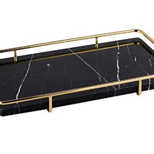 PuTwo Decorative Tray Black Marble Tray with Polished Gold Metal Handles Jewelry Tray Handmade Catchall Vanity Tray for Dresser Bathroom Vanity Table Bar Ideal Gift for Birthday Christmas - Black