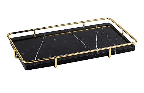 PuTwo Decorative Tray Black Marble Tray with Polished Gold Metal Handles Jewelry Tray Handmade Catchall Vanity Tray for Dresser Bathroom Vanity Table Bar Ideal Gift for Birthday Christmas - Black