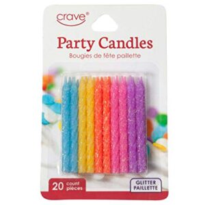 Jacent Fun Glitter Striped Birthday Candles, Blue, Yellow, Orange, Pink and Purple - 20 Count per Package, 1-Pack