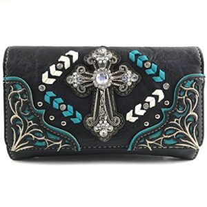 justin west trendy western cross rhinestone leather conceal carry top handle square backpack purse (black blue wallet only)