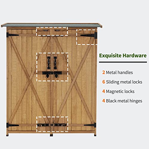 MCombo Outdoor Storage Cabinet, Wood Garden Shed, Outside Tool Shed, Vertical Organizer Cabinet with Double Lockable Doors for Outside, Garden and Yard 1400