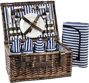 wicker picnic basket for 4 with soft picnic blanket, picnic set for 4 with beach mat, willow hamper service gift set for camping and outdoor party best gifts