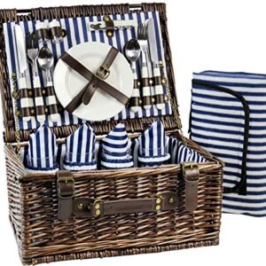 Wicker Picnic Basket for 4 with Soft Picnic Blanket, Picnic Set for 4 with Beach Mat, Willow Hamper Service Gift Set for Camping and Outdoor Party Best Gifts