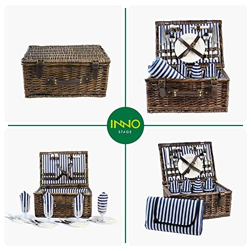 Wicker Picnic Basket for 4 with Soft Picnic Blanket, Picnic Set for 4 with Beach Mat, Willow Hamper Service Gift Set for Camping and Outdoor Party Best Gifts