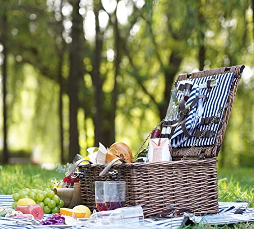 Wicker Picnic Basket for 4 with Soft Picnic Blanket, Picnic Set for 4 with Beach Mat, Willow Hamper Service Gift Set for Camping and Outdoor Party Best Gifts