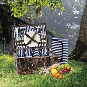 Wicker Picnic Basket for 4 with Soft Picnic Blanket, Picnic Set for 4 with Beach Mat, Willow Hamper Service Gift Set for Camping and Outdoor Party Best Gifts