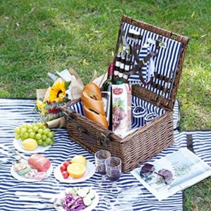 Wicker Picnic Basket for 4 with Soft Picnic Blanket, Picnic Set for 4 with Beach Mat, Willow Hamper Service Gift Set for Camping and Outdoor Party Best Gifts