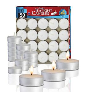 tea light candles – 50 bulk pack – white unscented travel, centerpiece, decorative candle – 4.5 hour burn time – pressed wax – by ner mitzvah