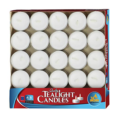 Tea Light Candles - 50 Bulk Pack - White Unscented Travel, Centerpiece, Decorative Candle - 4.5 Hour Burn Time - Pressed Wax - by Ner Mitzvah