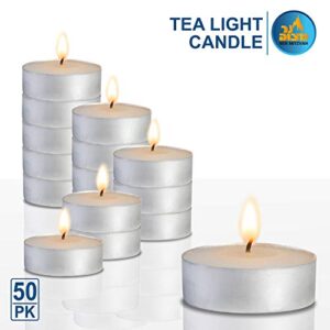 Tea Light Candles - 50 Bulk Pack - White Unscented Travel, Centerpiece, Decorative Candle - 4.5 Hour Burn Time - Pressed Wax - by Ner Mitzvah