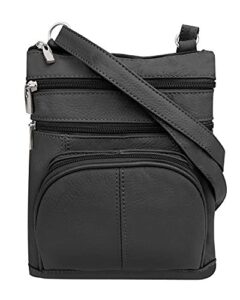 roma leathers crossbody zippered purse – 3 front pockets, adjustable strap – black