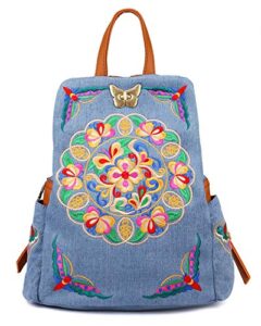 jursccu denim embroidered floral canvas backpacks for women anti theft retro jeans travel ethnic style shoulder bag one-size