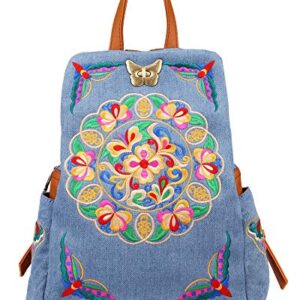 Jursccu Denim Embroidered Floral Canvas Backpacks for Women Anti theft Retro Jeans Travel Ethnic Style Shoulder Bag one-size