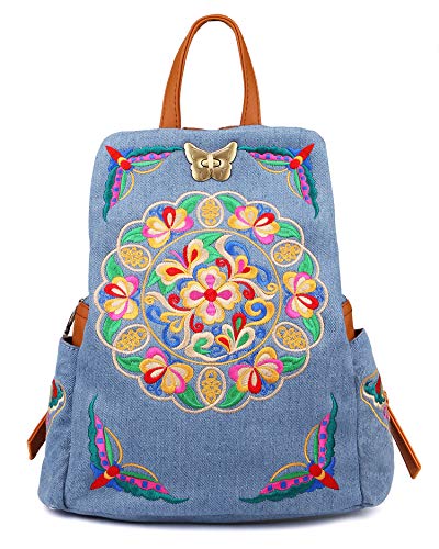 Jursccu Denim Embroidered Floral Canvas Backpacks for Women Anti theft Retro Jeans Travel Ethnic Style Shoulder Bag one-size