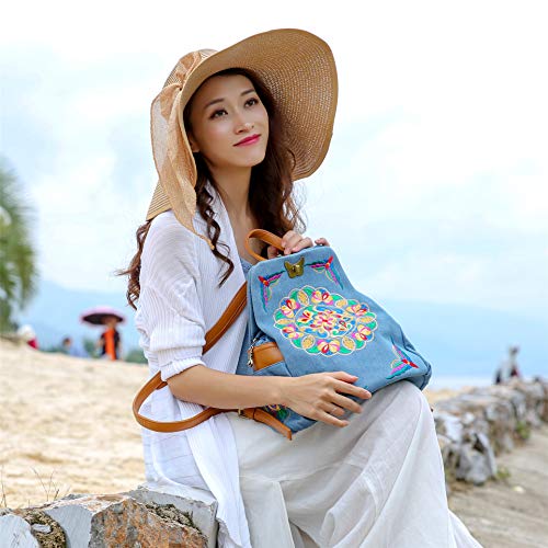 Jursccu Denim Embroidered Floral Canvas Backpacks for Women Anti theft Retro Jeans Travel Ethnic Style Shoulder Bag one-size