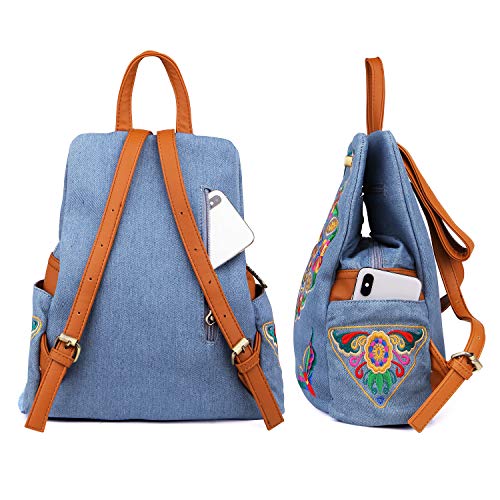 Jursccu Denim Embroidered Floral Canvas Backpacks for Women Anti theft Retro Jeans Travel Ethnic Style Shoulder Bag one-size