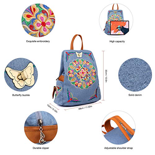 Jursccu Denim Embroidered Floral Canvas Backpacks for Women Anti theft Retro Jeans Travel Ethnic Style Shoulder Bag one-size