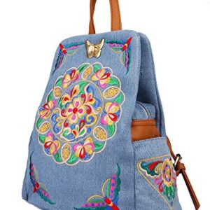 Jursccu Denim Embroidered Floral Canvas Backpacks for Women Anti theft Retro Jeans Travel Ethnic Style Shoulder Bag one-size