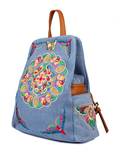 Jursccu Denim Embroidered Floral Canvas Backpacks for Women Anti theft Retro Jeans Travel Ethnic Style Shoulder Bag one-size