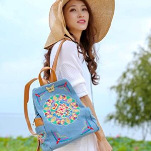 Jursccu Denim Embroidered Floral Canvas Backpacks for Women Anti theft Retro Jeans Travel Ethnic Style Shoulder Bag one-size