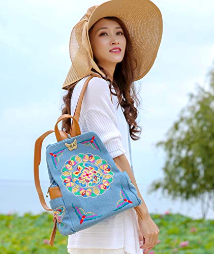 Jursccu Denim Embroidered Floral Canvas Backpacks for Women Anti theft Retro Jeans Travel Ethnic Style Shoulder Bag one-size