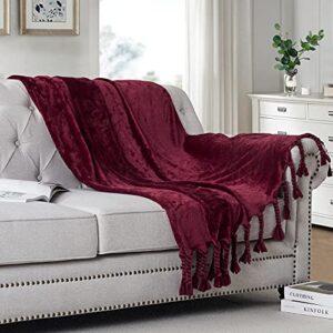 homiest fleece throw blanket with fringe, soft & cozy flannel wine red throw blanket, lightweight decorative throw blanket for sofa bed chair all season (burgundy, 50 x 60 inch)