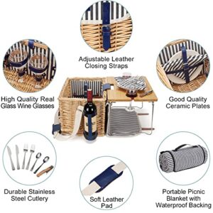 Wicker Picnic Basket for 2 Persons Picnic Kit, Willow Hamper Service Gift Set with Bamboo Wine Table for Camping and Outdoor Party