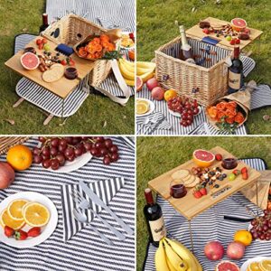 Wicker Picnic Basket for 2 Persons Picnic Kit, Willow Hamper Service Gift Set with Bamboo Wine Table for Camping and Outdoor Party