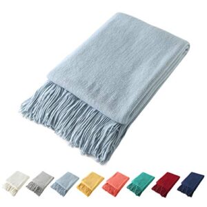 homiest decorative knitted throw blanket with fringe soft & cozy tassel blanket for couch sofa bed (light blue,50×60)