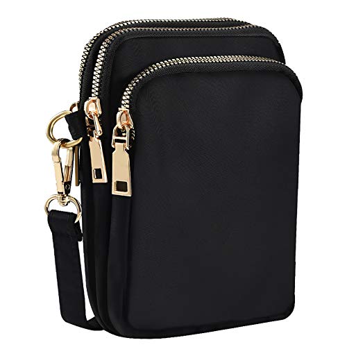 INSOUR Cross Body Phone Bag Women, Nylon Ladies Mobile Phone Bags Purse Mini 3 Layers Zipper Shoulder Wallet Bag with Adjustable Strap (Black)