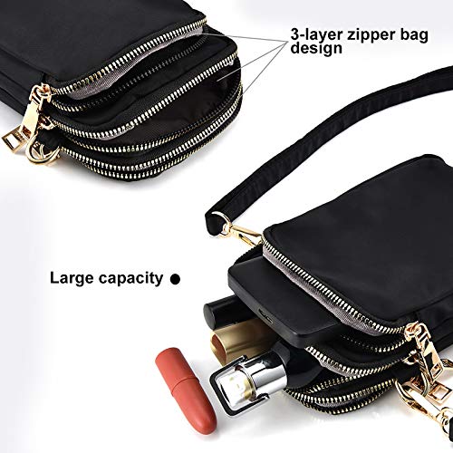 INSOUR Cross Body Phone Bag Women, Nylon Ladies Mobile Phone Bags Purse Mini 3 Layers Zipper Shoulder Wallet Bag with Adjustable Strap (Black)