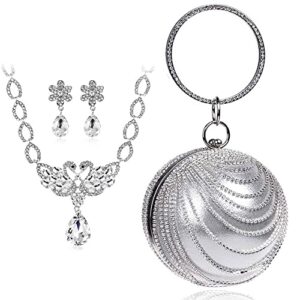 round clutch tassel purse women crystal evening bag for wedding party women’s ball shape crystal evening clutch purse wedding party handbags with necklace earrings set(silver)