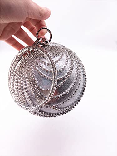 Round Clutch tassel Purse Women Crystal Evening Bag for Wedding Party Women's Ball Shape Crystal Evening Clutch Purse Wedding Party HandBags With Necklace Earrings Set(Silver)