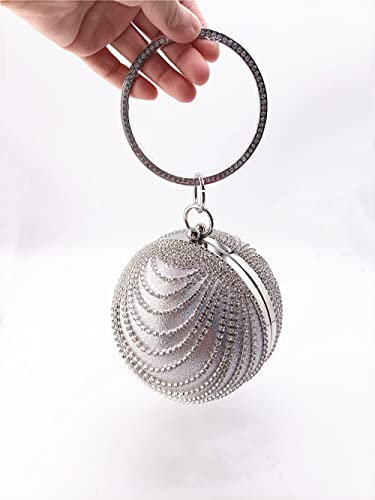 Round Clutch tassel Purse Women Crystal Evening Bag for Wedding Party Women's Ball Shape Crystal Evening Clutch Purse Wedding Party HandBags With Necklace Earrings Set(Silver)