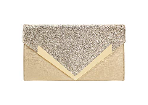 ZIUMUDY PU Leather Glitter Envelope Evening Wedding Clutch Party Handbag Purse Bag (Gold)