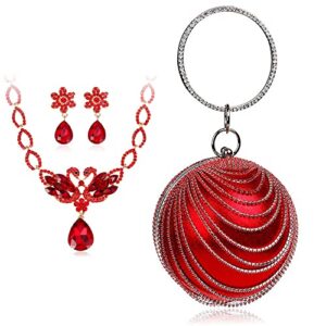 round clutch tassel purse women crystal evening bag for wedding party women’s ball shape crystal evening clutch purse wedding party handbags with necklace earrings set (red)