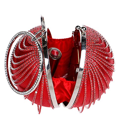 Round Clutch tassel Purse Women Crystal Evening Bag for Wedding Party Women's Ball Shape Crystal Evening Clutch Purse Wedding Party HandBags With Necklace Earrings Set (Red)