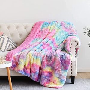 newcosplay super soft faux fur throw blanket premium sherpa backing warm and cozy throw decorative for bedroom sofa floor (dark rainbow, throw(50″x60″))