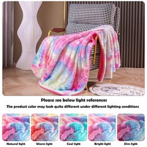 NEWCOSPLAY Super Soft Faux Fur Throw Blanket Premium Sherpa Backing Warm and Cozy Throw Decorative for Bedroom Sofa Floor (Dark Rainbow, Throw(50"x60"))