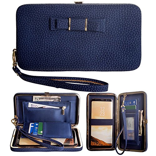 CellularOutfitter Womens Leather Wallet Vegan Leather Bow Clutch Design with Credit Card, Cash and Smartphone Pockets [Bow Clutch - Navy]