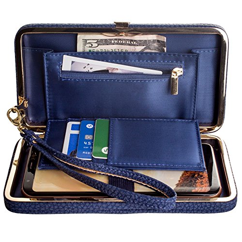 CellularOutfitter Womens Leather Wallet Vegan Leather Bow Clutch Design with Credit Card, Cash and Smartphone Pockets [Bow Clutch - Navy]