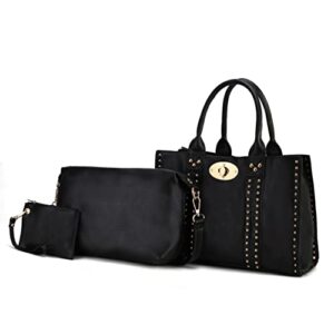 mia k collection 3-pc set, studded tote bag for women, pouch handbag, wristlet purse, crossbody shoulder strap pu leather black