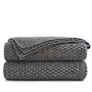 longhui bedding grey knitted throw blanket for couch, soft, cozy machine washable 100% cotton sofa knit blankets, heavy 3.0lb weight, 50 x 63 inches, gray and white color,laundry bag included