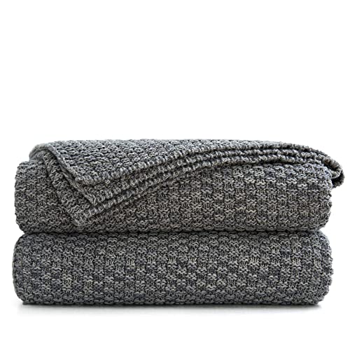 Longhui bedding Grey Knitted Throw Blanket for Couch, Soft, Cozy Machine Washable 100% Cotton Sofa Knit Blankets, Heavy 3.0lb Weight, 50 x 63 Inches, Gray and White Color,Laundry Bag Included