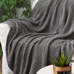 Longhui bedding Grey Knitted Throw Blanket for Couch, Soft, Cozy Machine Washable 100% Cotton Sofa Knit Blankets, Heavy 3.0lb Weight, 50 x 63 Inches, Gray and White Color,Laundry Bag Included