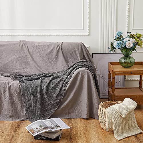 Longhui bedding Grey Knitted Throw Blanket for Couch, Soft, Cozy Machine Washable 100% Cotton Sofa Knit Blankets, Heavy 3.0lb Weight, 50 x 63 Inches, Gray and White Color,Laundry Bag Included