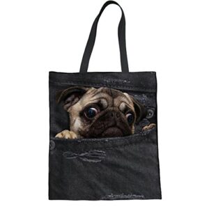 coloranimal large capacity womens top handle bag funny black denim animal pug dog printed linen tote purse portable pouch